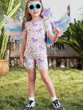 Reshinee Girls Unicorn Print Short Pajama Set - Pastel Purple & Pink